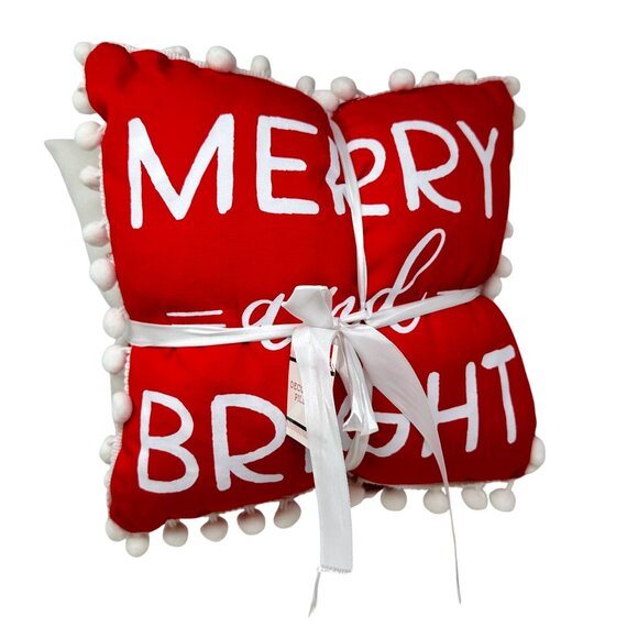 Christmas Throw Pillows Set of 2 Merry Bright Tree 14x14 Holiday Decor Pom Poms - Picture 2 of 11